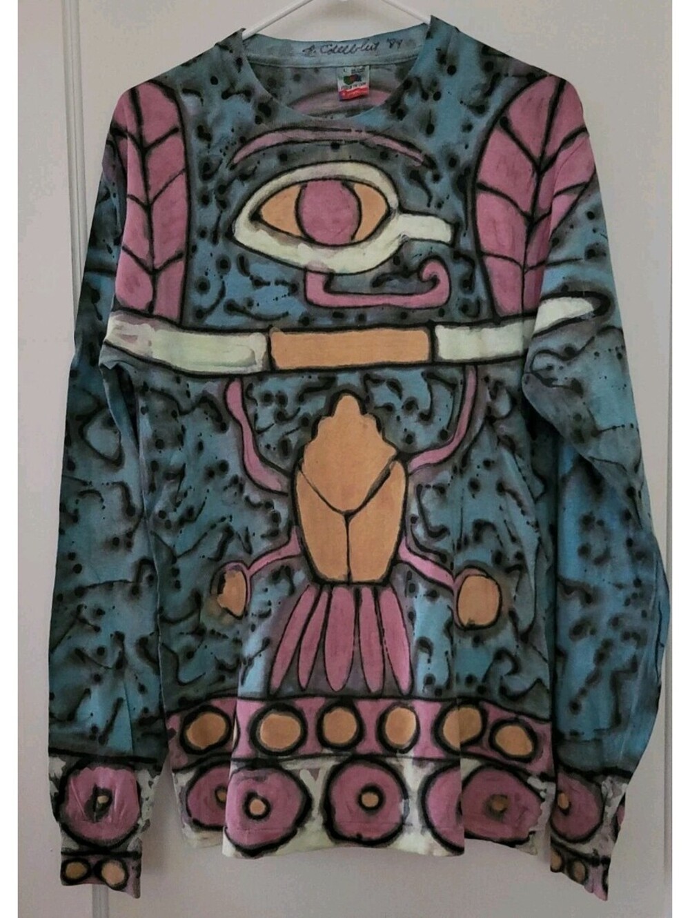 Vintage 1989 Hand Painted Egyptian Art Shirt Eye of Horus Graffiti Signed USA L